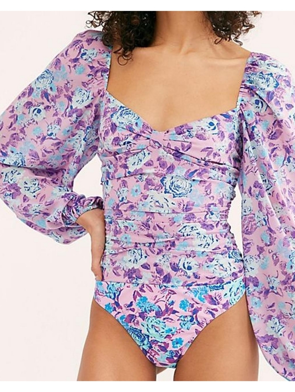 For Love & Lemons Lavender and Aqua Floral One-Piece Body Suit